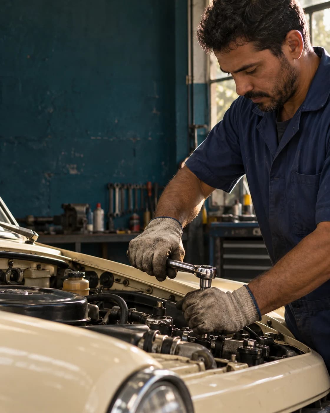 Profissional trabalhando com uma ferramenta no motor de um carro.
